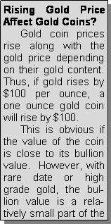 Text Box: Rising Gold Price Affect Gold Coins?      Gold coin prices rise along with the gold price depending on their gold content.  Thus, if gold rises by $100 per ounce, a one ounce gold coin will rise by $100.       This is obvious if the value of the coin is close to its bullion value.  However, with rare date or high grade gold, the bullion value is a relatively small part of the 