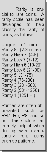 Text Box: 	Rarity is crucial to rare coins.  A rarity scale has been developed to help classify the rarity of coins, as follows: Unique     ( 1 coin)Rarity 8   (2-3 coins)Rarity High 7  (4-6)Rarity Low 7 (7-12)Rarity High 6 (13-20)Rarity Low 6 (21-30)Rarity 5  (31-75)Rarity 4 (76-200)Rarity 3 (201-500)Rarity 2 (501-1250)Rarity 1 (1251 + )Rarities are often abbreviated such as RH7, R5, R8, and so on.  This scale is extremely helpful when dealing with exceptionally rare coins such as patterns.             